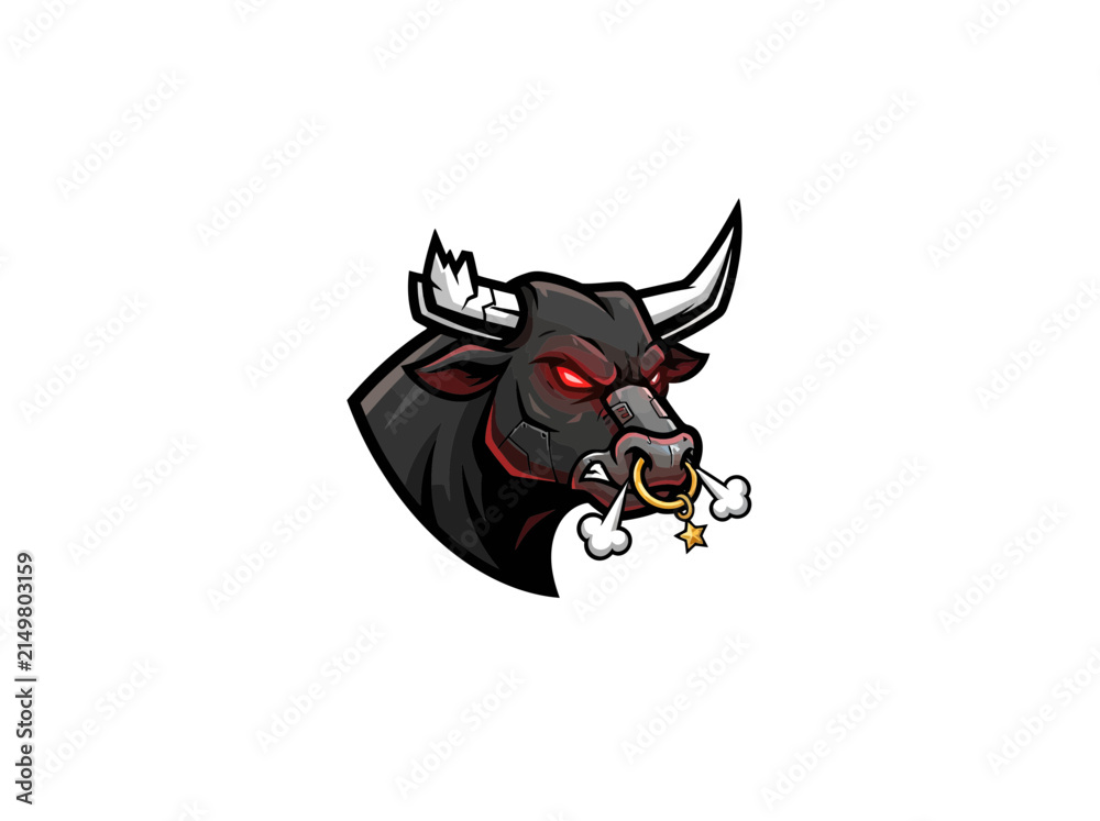 Obraz premium Angry Black Bull Head with Horns Cartoon Illustration