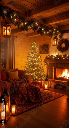 Cozy Living Room Decorated for Christmas with Glowing Fireplace and Tree.