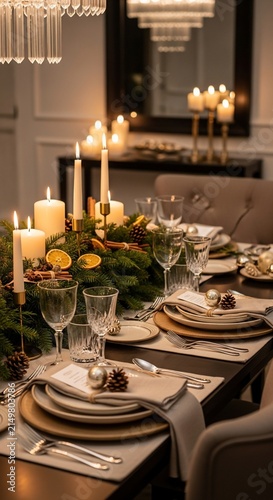 Elegant Christmas dinner table setting with candles and greenery.