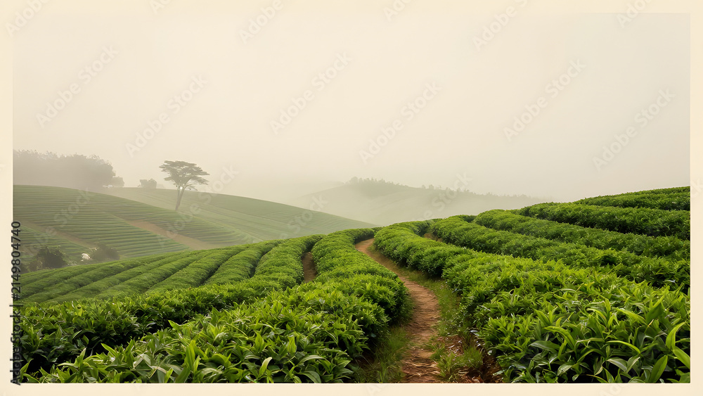 Obraz premium Misty Tea Plantation: Rolling hills of vibrant green tea bushes create a serene landscape, shrouded in a gentle morning mist, with a lone tree standing as a sentinel in the distance.