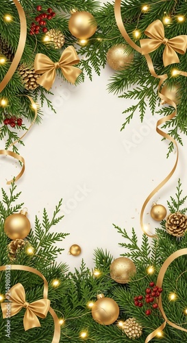Elegant Christmas Holiday Frame with Golden Decorations and Pine Branches.