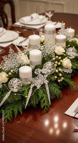 Elegant Christmas Table Centerpiece with White Candles and Snowflakes.