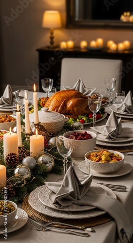Elegant Thanksgiving dinner table setting with roasted turkey and candles.