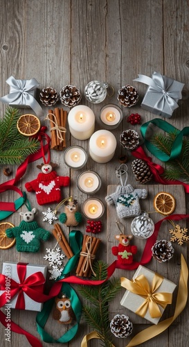 Flat lay of Christmas holiday decorations with candles and gifts.