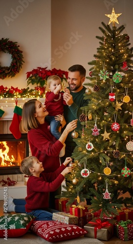 Happy Family Decorating Christmas Tree Together at Home.