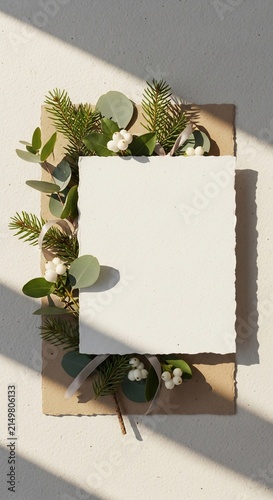 Minimalist Christmas Card Mockup with Pine and Berries.