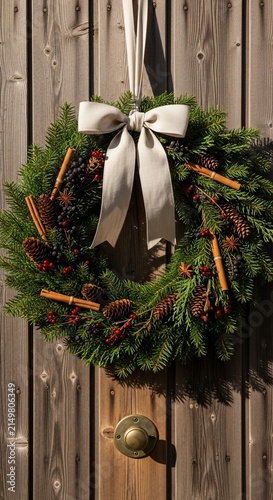Rustic Christmas wreath with cinnamon sticks and pinecones on a wooden door.