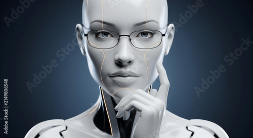 A thoughtful futuristic humanoid robot wearing glasses against a dark background.