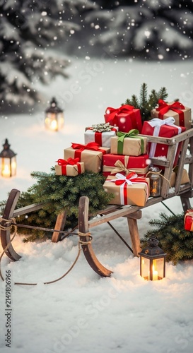 Vintage wooden sled piled with Christmas gifts in snowy forest.