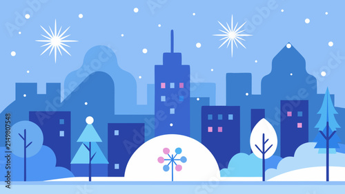 Snowy New Year City Park Fireworks Landscape