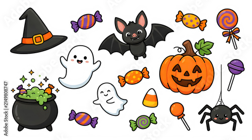 Charming halloween collection featuring witch hat pumpkin bat spider candy and cauldron isolated on transparent background