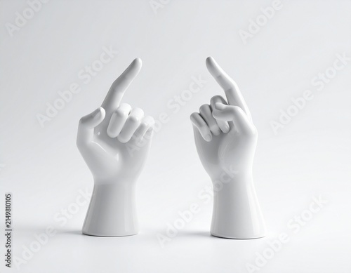 White ceramic hands with fingers up, 3D rendering decorative piece on white background