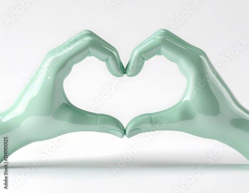 Green ceramic hands forming heart shape, 3D rendered decorative object with white background