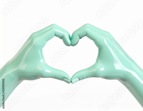 Light green hands forming heart shape on white background with smooth finish