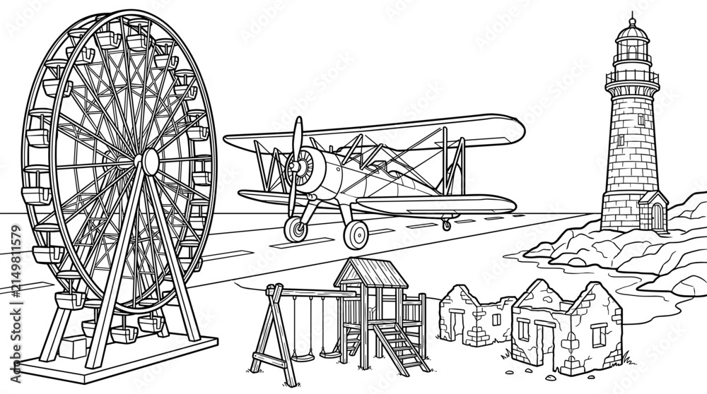 Fototapeta premium Outline illustration of a Ferris wheel, biplane, lighthouse, playground, and ruins on a landscape