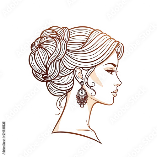 Elegant woman profile portrait with detailed hair and earring isolated on transparent background