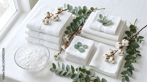 Stacked white spa towels with cotton bolls and eucalyptus.