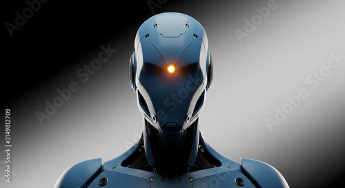 A detailed close-up illustration of a futuristic robotic head with a glowing light.