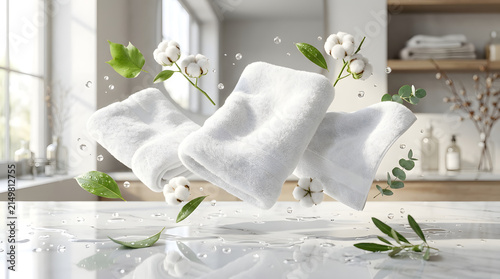 White fluffy towels flying in clean bright bathroom setting