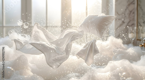White silk fabrics floating through soft soap bubbles and steam.