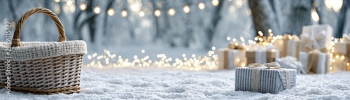 Snowy winter scene with a wicker basket and wrapped gifts on a table, surrounded by twinkling fairy lights and blurred trees in the background, celebration background