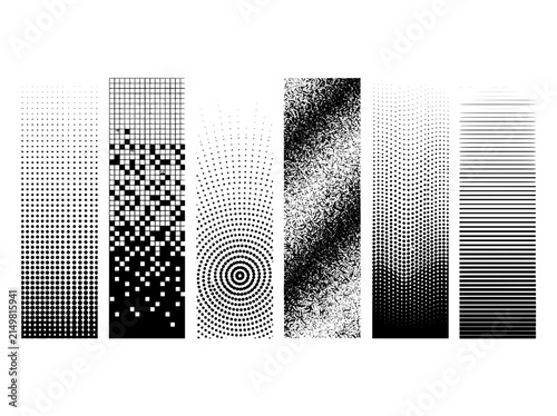 Halftone gradient textures set, monochrome geometric patterns vector, black and white stipple and pixel art backgrounds for graphic design