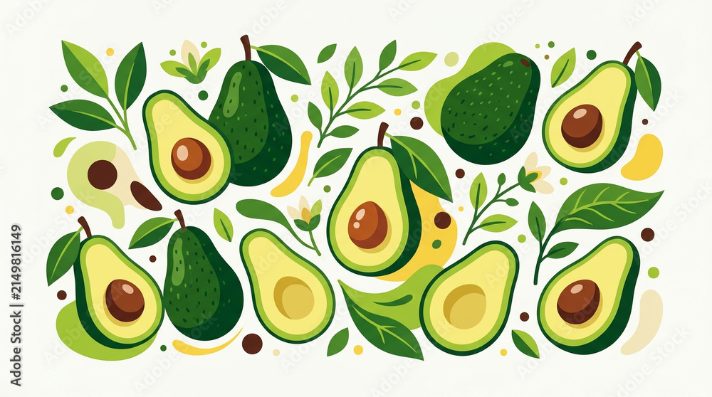Naklejka premium Flat illustration featuring fresh avocados arranged in a clean and stylish composition