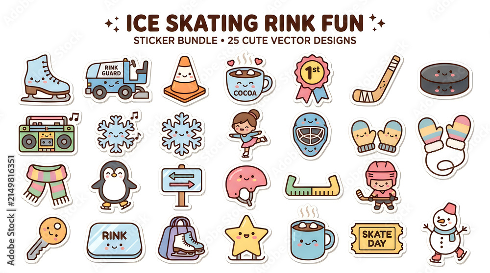 Fototapeta premium Cute ice skating rink vector icons and stickers set