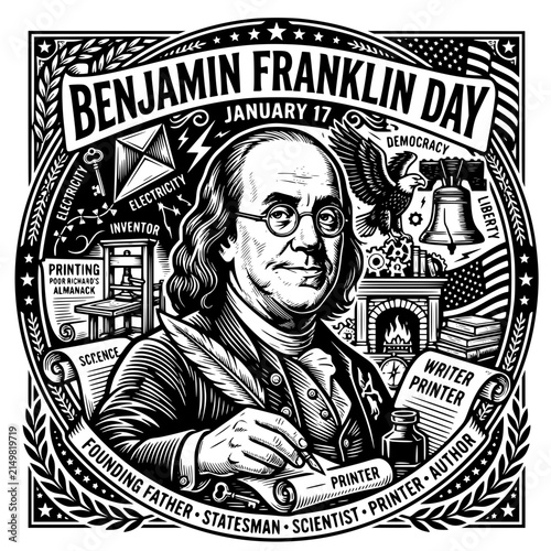Benjamin Franklin Day Illustration: Vintage Woodcut Style Portrait of the US Founding Father, Scientist, and Printer with Historical Symbols of American Democracy.