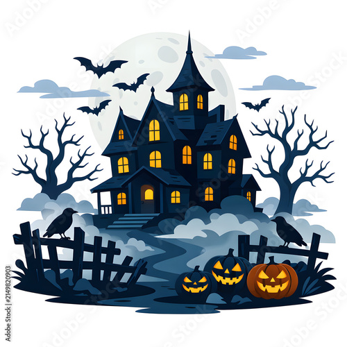 Halloween haunted house with bats and pumpkins at night