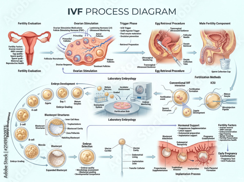 Detailed medical illustration showing the step by step in vitro fertilization process for educational purposes in a clinical science setting
