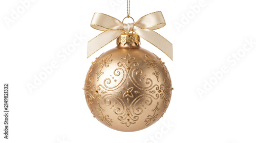 Metallic Christmas bauble with ribbon isolated on transparent background