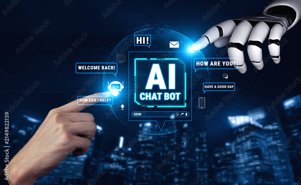 Fototapeta premium Futuristic Chatbot Interface with Robotic Hand Interacting in a Digital Environment for Artificial Intelligence Communication Quark.