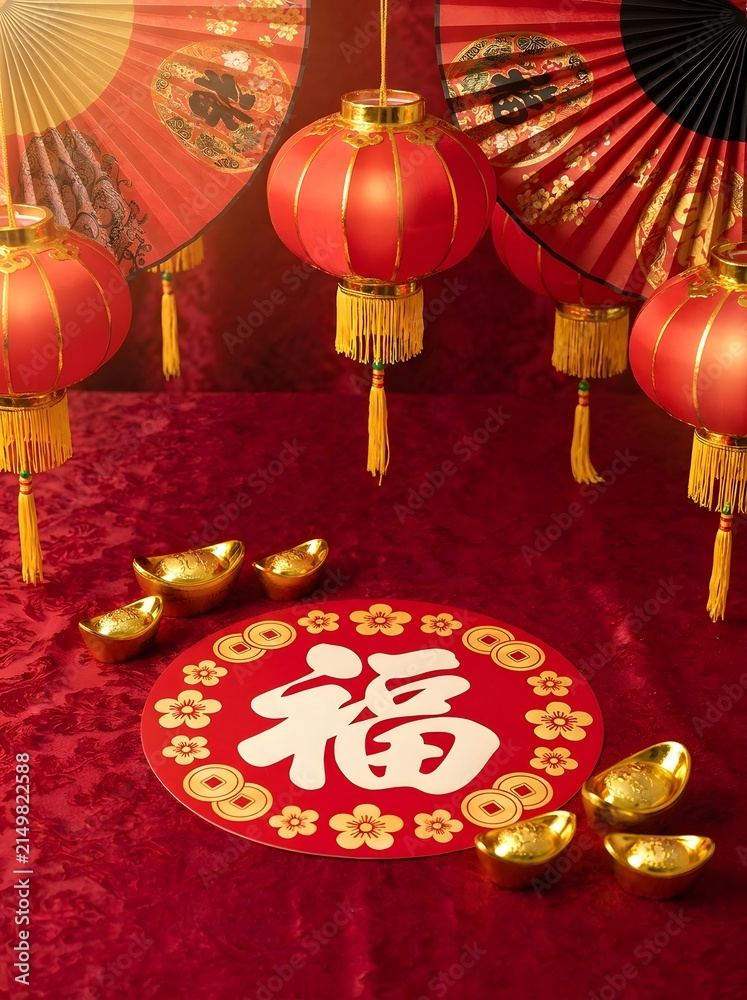Fototapeta premium Chinese new year celebration setup with red lanterns, gold ingots and a traditional round sign featuring the lucky character for prosperity and good fortune on a deep red table surface