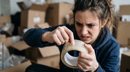 Frustrated young woman struggling to find end of clear packing tape roll while moving house