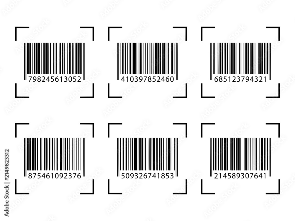Obraz premium Universal barcode set with scanning frames, black product code icons for retail logistics, 6 digital identification labels for inventory tracking