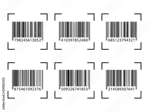 Universal barcode set with scanning frames, black product code icons for retail logistics, 6 digital identification labels for inventory tracking