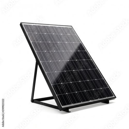 Portable solar panel on a stand against a white background