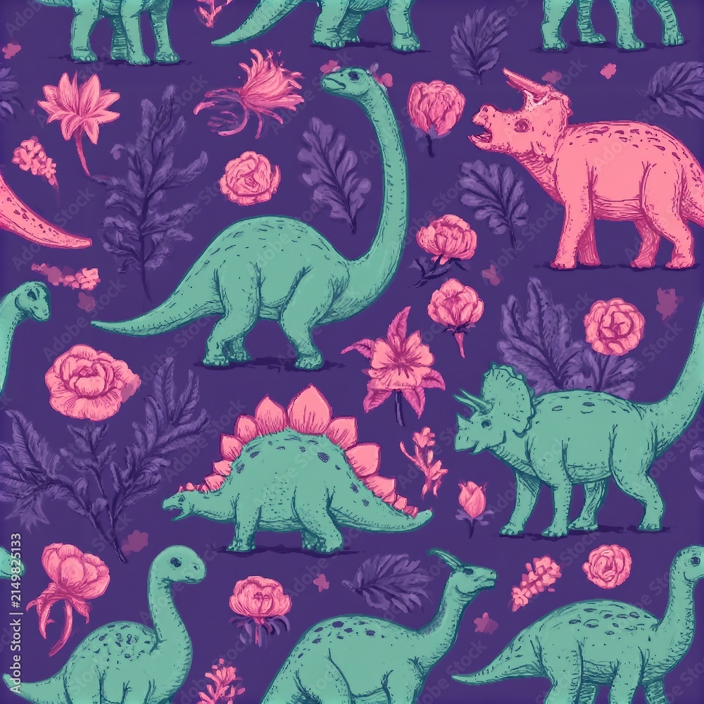 Seamless vector pattern with sketch of dinosaurs and abstract floral. Decoration print for wrapping, wallpaper, fabric. Seamless vector texture.