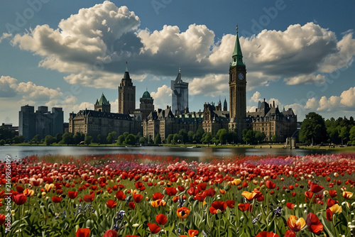 Picturesque view of historical parliamentary building reflected in calm water surrounded by beautiful blooming tulip flowers in public city park.