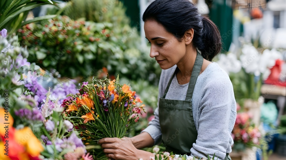 Fototapeta premium A woman wearing an apron carefully arranges a colorful bouquet of flowers among vibrant floral displays