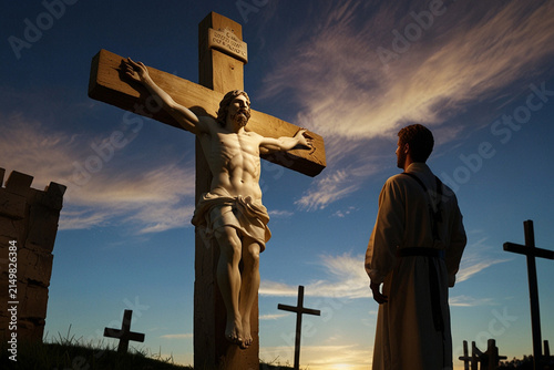 Statue of jesus christ on large wooden cross against dramatic sunset sky with man in white robe looking up in contemplation and worship.