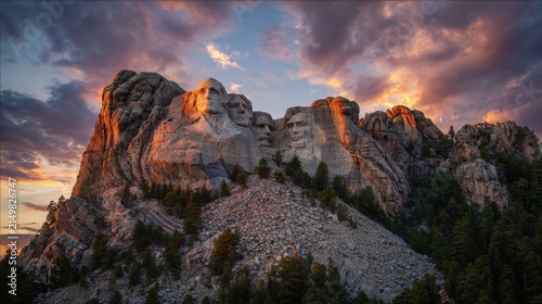Granite mountain faces carved into rock under vibrant sunset clouds sky