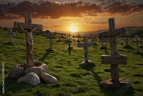 Field of wooden crosses with center crucifix sculpture under glowing sunset sky in rolling green hills landscape for spiritual memorial.