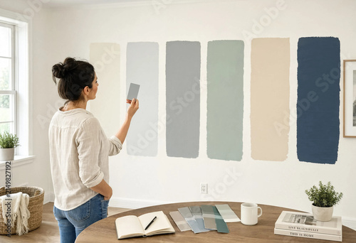 Woman stands before color swatches, choosing paint