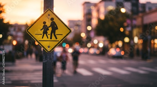 Yellow school crossing sign on city street, pedestrian safety warning sign at sunset, urban crosswalk with bokeh lights