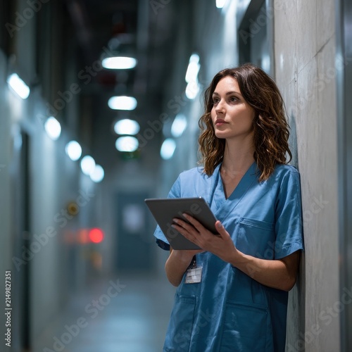Pensive healthcare professional reviewing digital records in quiet hallway