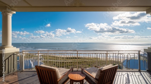 Wooden chairs facing panoramic ocean view from shaded terrace balcony