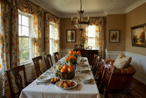 Elegant dining room with a long table set for thanksgiving dinner, adorned with pumpkins and autumn decorations.