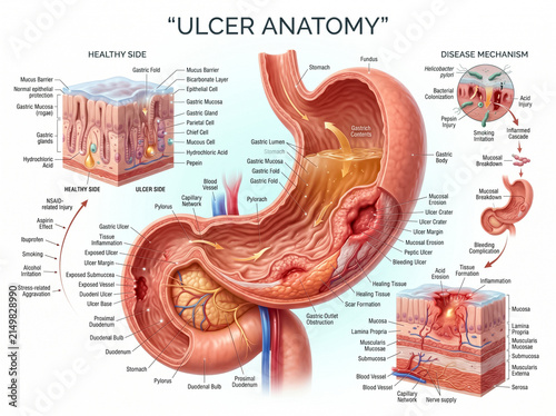 Detailed medical illustration showing the anatomy of a stomach ulcer comparing healthy tissue structures against diseased and inflamed gastric layers